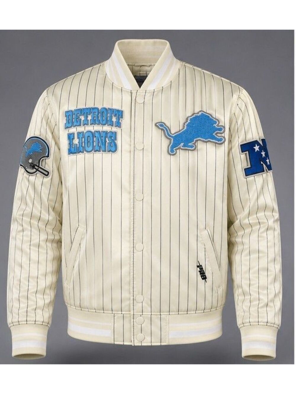 Detroit Lions Vintage-Style Pinstripe Varsity Bomber Jacket Blue & Cream NFL
